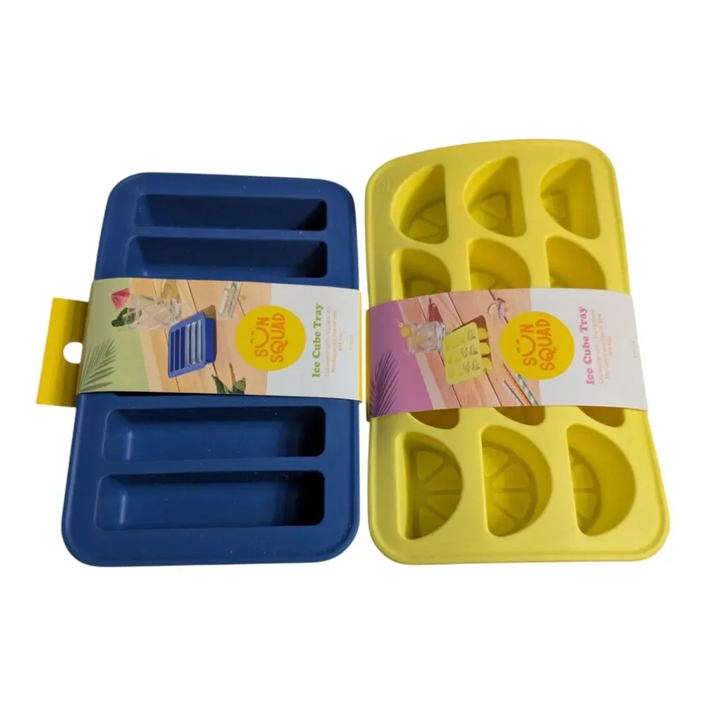 Sun Squad Ice Cube Tray Set Blue Long Cubes + Yellow Lemon Slice Tray New